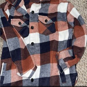 Plaid Button-Up Shacket in Rust, Navy & Cream